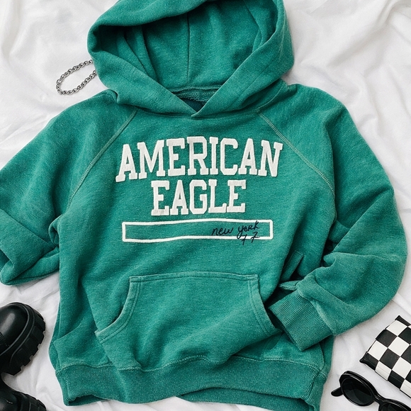 American Eagle Outfitters Tops - American Eagle Outfitters Green Hoodie M Pullover Logo Graphic Sweatshirt 2009